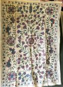 A FLORAL EMBROIDERED COTTON BEDSPREAD, 20th Century, Susani, 5ft x 2ft 4ins.