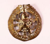 AN 18TH CENTURY SOUTH INDIAN BRASS HANUMAN LARGE PIERCED PENDANT, 12cm high.