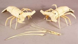 A JAPANESE CARVED IVORY RETICULATED MODEL OF A CRAYFISH, and another, 29cm long (2).