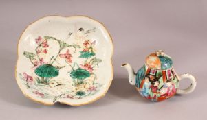 A 19TH CENTURY CHINESE CANTON FAMILLE ROSE TEA POT - decorated with scenes of figures exterior -