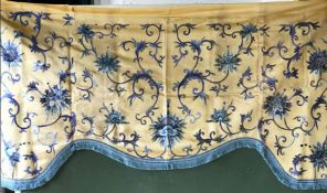 A CANTON EMBROIDERED PELMET FOR THE EUROPEAN MARKET, Circa 1900, gold silk ground with blue and