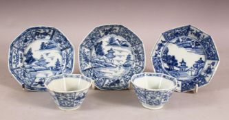 A TWO CHINESE BLUE & WHITE PORCELAIN TEA BOWLS & THREE SAUCERS - Each with similar landscape