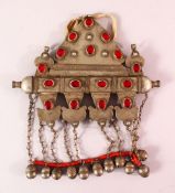 A TURKISH METAL INLAID BRIDES NECKLACE, with inlaid semi precious stones, with chain hangings.