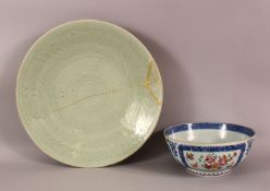 TWO ANTIQUE CHINESE PORCELAIN ITEMS - A Qianlong famille rose porcelain bowl (af) 23cm, together