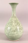 A KOREAN CELADON FLYING CRANE PORCELAIN VASE- with a crackle glaze under celadon decorated ith