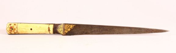 A GOOD INDIAN CARVED BONE & INLAID WATERED STEEL DAGGER - with carved bone handle inlaid with gold