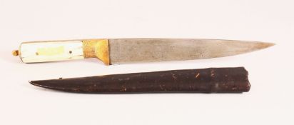 A GOOD INDIAN WATERED STEEL CARVED IVORY DAGGER & SHEATH - the handle formed from ivory with metal