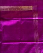 TWO SYRIAN GILT DECORATED PURPLE SILK SHAWLS, 20th Century, 7ft 3ins x 3ft 2ins.