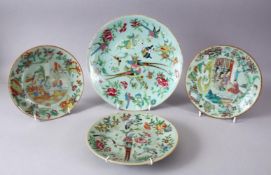 4 X 19TH CENTURY CHINESE CELADON FAMILLE ROSE PORCELAIN PLATES, one larger decorated with birds