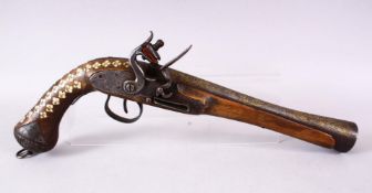 A 19TH CENTURY PERSIAN QAJAR FLINTLOCK PISTOL, with a very fine signed gold inlaid steel barrel,
