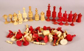 A BAG OF MIXED CARVED IVORY CHESS PIECES, largest 10cm, smallest 5cm.