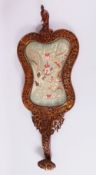 A CHINESE LATE QING DYNASTY CARVED WOOD FAN / RUYI SHAPED PANEL & EMBROIDERED SILK - the shaped