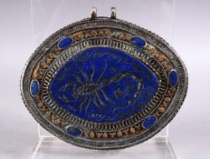 A GOOD ISLAMIC LAPIS LAZULI & WHITE METAL SEAL OF A SCORPION, The stone carved seal inset in to a