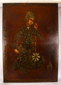 A LARGE PERSIAN OIL PAINTING ON CANVAS OF A FIGURE AND INSTRUMENT - The large painting depicting a