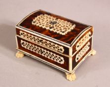 A SMALL INDIAN SHELL & IVORY BOX - the body with tortoiseshell veneer with overlaid carved ivory