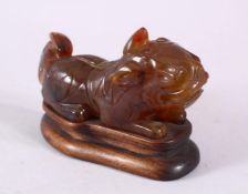 A CHINESE CARVED AGATE FIGURE OF A RECLINING BEAST, 13cm long, on a wooden stand.