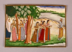 A FINE INDIAN IVORY MINIATURE PAINTING OF KRISHNA AND GOPIES, 15cm x 10.5cm.