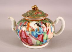 A 19TH CENTURY CHINESE CANTON FAMILLE ROSE PORCELAIN TEA POT - decorated with panels of figures