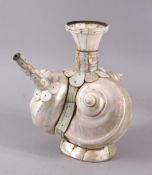 A UNUSUAL 18TH CENTURY INDIAN GOA INLAID MOTHER OF PEARL SHELL FORMED WATER EWER, 24cm X 22cm.