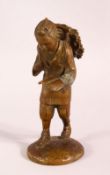 A SMALL JAPANESE/ORIENTAL BRONZE FIGURE OF A TRAVELLING MAN, 14cm high. `