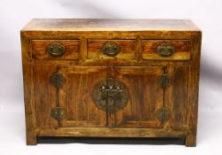 A GOOD MID 19TH CENTURY TIANJIN ELM WOOD CABINET/SIDE BOARD, with a planked rectangular top