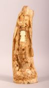 A CHINESE CARVED & STAINED IVORY FRAGMENT OF GUANYIN, the fragment carved to the front depicting the