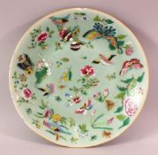 A 19TH CENTURY CHINESE CELADON FAMILLE ROSE PORCELAIN PLATE, With decoration of birds, flowers and