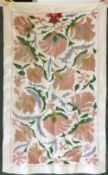 A SMALL FLORAL EMBROIDERED COTTON WALL HANGING / TABLE CENTRE, 20th Century, Susani, 2ft 11ins x 1ft