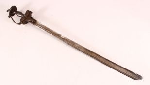 AN 18TH CENTURY INDIAN TULWAR SWORD, with silver inlaid hilt, 78cm long.