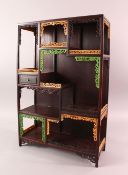 A CHINESE HARDWOOD AND STAINED IVORY MINIATURE CABINET, with carved and stained bone or ivory