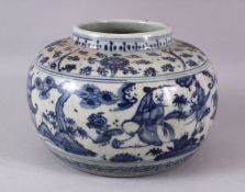 A CHINESE MING STYLE BLUE & WHITE PORCELAIN POT, decorated with scenes of figure in landscapes