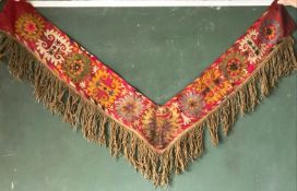 A CENTRAL ASIAN BED STACK BORDER, Uzbekistan Susani, cotton embroidered on a red cotton ground