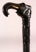 A GOOD CEYLONESE CARVED EBONY ELEPHANT HANDLE WALKING STICK - carved handle in the form of an