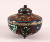 A CLOISONNE KORO AND COVER, decorated with butterflies, flowers and buddhistic emblems, on three