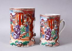 TWO 19TH / 19TH CENTURY CHINESE MANDARIN FAMILLE ROSE PORCELAIN MUGS, each decorated in a similar