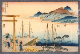 A JAPANESE MEIJI WOODBLOCK PRINT OF A WATERSIDE LANDSCAPE- depicting figures, ships and