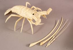 A JAPANESE CARVED IVORY RETICULATED MODEL OF A CRAYFISH, 29cm long.