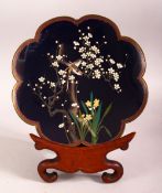 A JAPANESE MEIJI PERIOD CLOISONNE BIRD DISH - the blue ground with wire decoration depicting birds