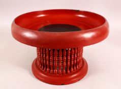 AN ORIENTAL RED LACQUER STEM BOWL / STAND - 18cm high x 31cm diameter