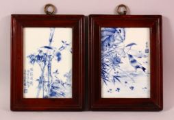 A PAIR OF CHINESE BLUE & WHITE PORCELAIN FRAMED PANELS - each decorated with birds amongst flora -