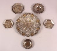 A COLLECTION OF SIX 19TH CENTURY INDIAN PUNJAB SIALKOT SILVER AND GOLD INLAID STEEL DISHES,
