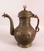 AN ISLAMIC TINNED COPPER EWER, engraved with a roundel of calligraphy and bands of native flora, the