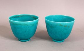A PAIR OF CHINESE TURQUOISE GROUND TEA CUPS, decorated with dragons, the bases with a six
