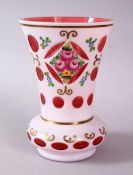 A GOOD BOHEMIAN CUT GLASS & PAINTED VASE, with panels of floral display, and gilt decoration, 14cm