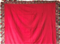 A FINE INDIAN SHAWL, the red central panel within a patchwork/embroidered border with fringe, 4ft