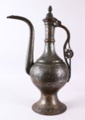 A LARGE 19TH ISRAEL TINNED COPPER EWER, with floral carved decoration and other chased design,