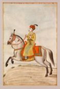 A FRAMED INDIAN MINIATURE PAINTING, painted with a figure on a horse, overall 35cm x 26cm.