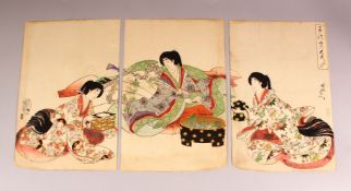 A 19TH CENTURY JAPANESE WOODBLOCK TRYPTIC PRINT, Chikanobu Yoshu 1838-1912, from the series of Inner