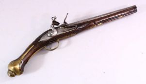 AN 18TH CENTURY ANGLO INDIAN FLINTLOCK PISTOL, engraved barrel, carved stock with wire inlaid
