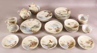 A GOOD DECORATIVE CHINESE TEA SERVICE, comprising teapot, sugar bowl, dishes, cups and saucers.